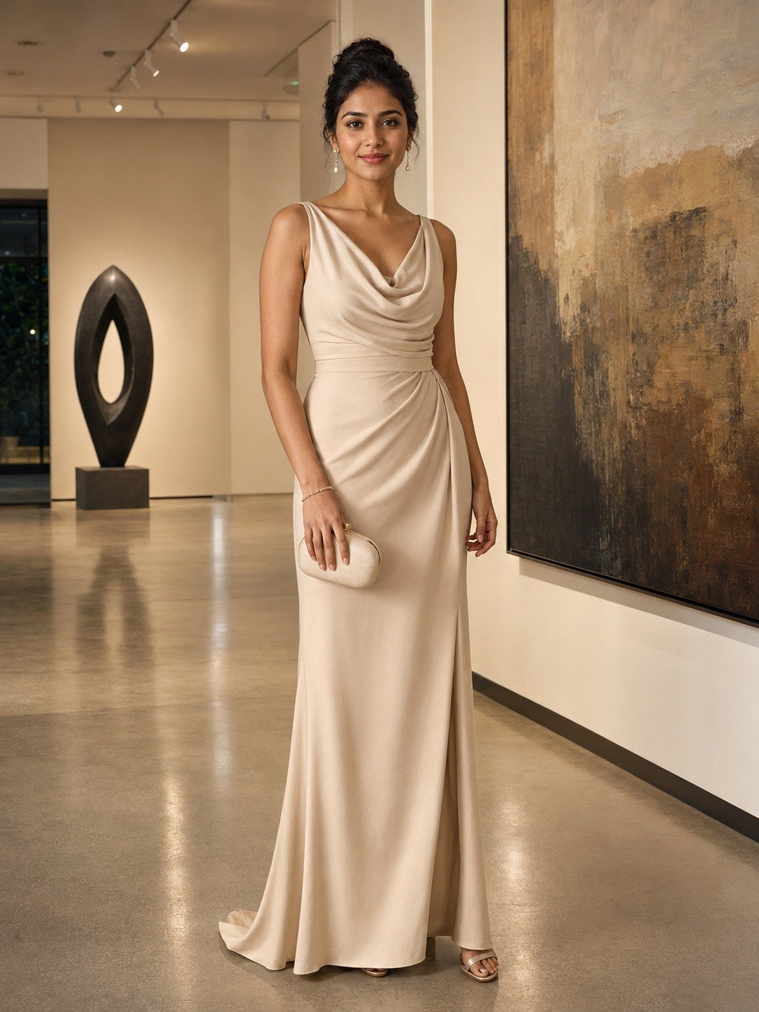 Woman in a champagne evening gown inside a contemporary luxury art gallery