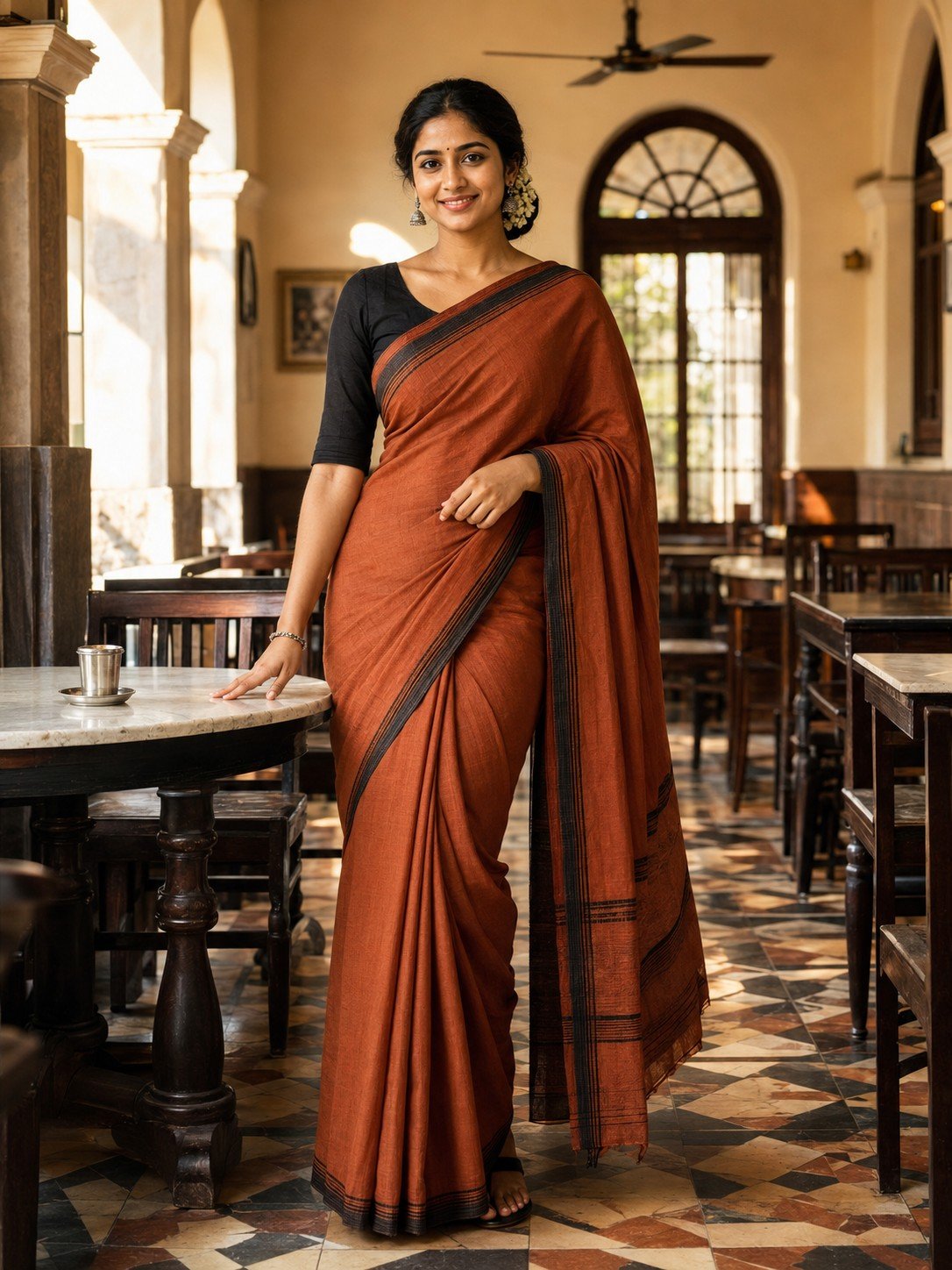 Indian woman in a terracotta saree inside a heritage coffee house