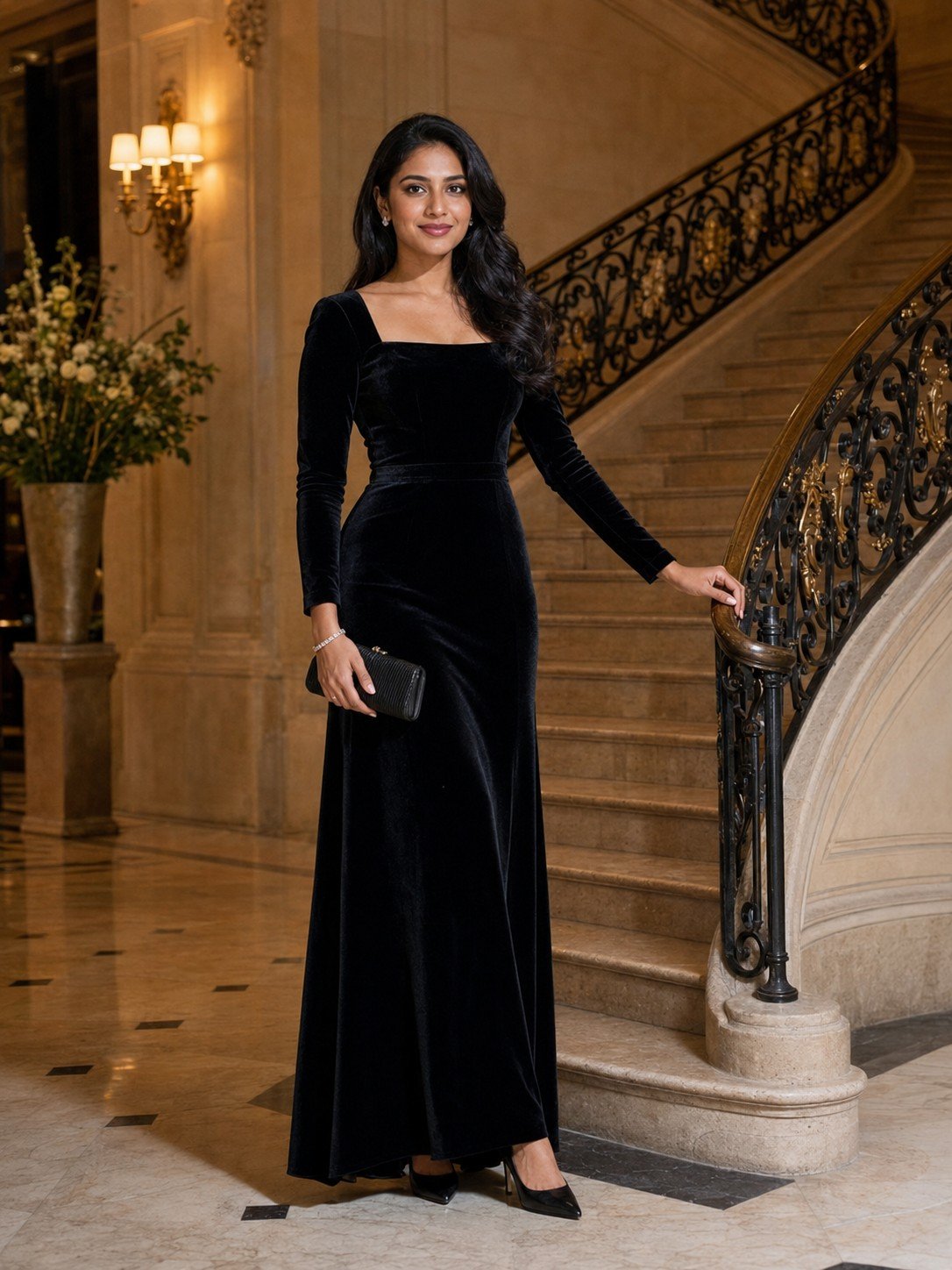 Elegant woman in a black velvet evening dress inside a luxury heritage hotel