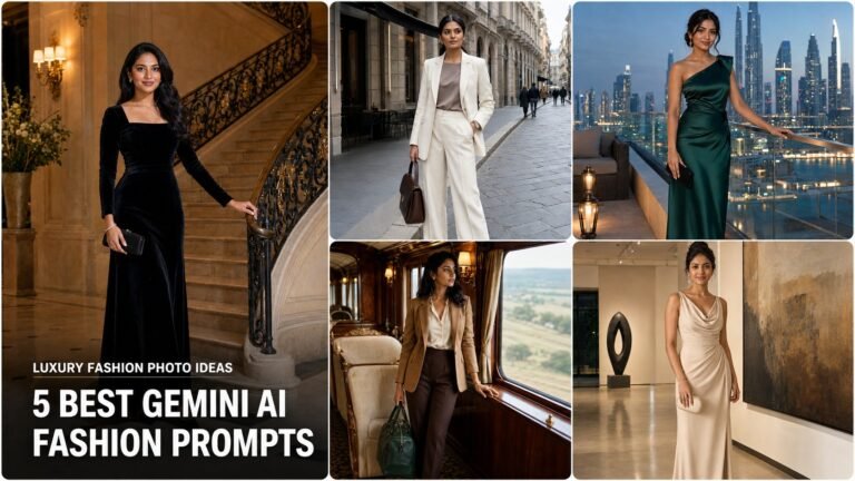 Collage of five luxury fashion Gemini AI prompts for girls featuring hotel, street, rooftop, train, and gallery portraits