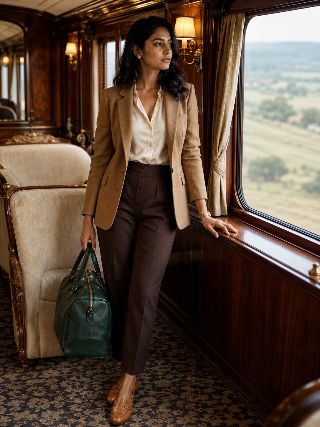 Woman in an old-money fashion look inside a luxury vintage train carriage
