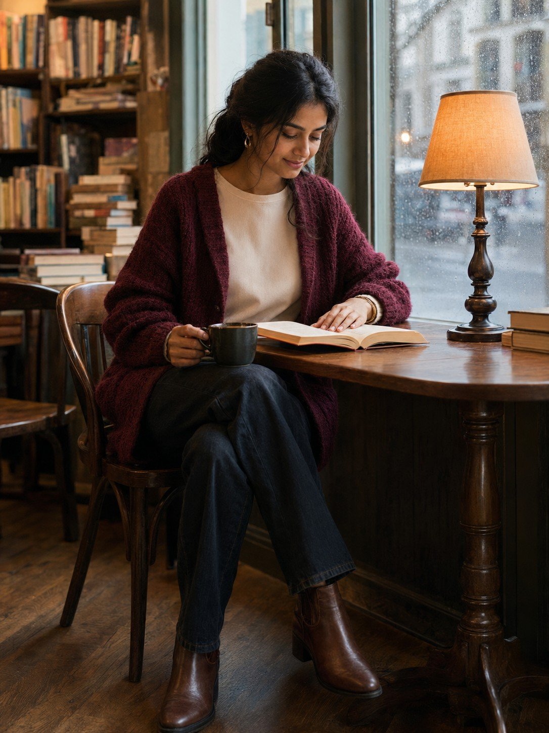 Woman in a burgundy cardigan reading inside a cosy café on a rainy afternoon