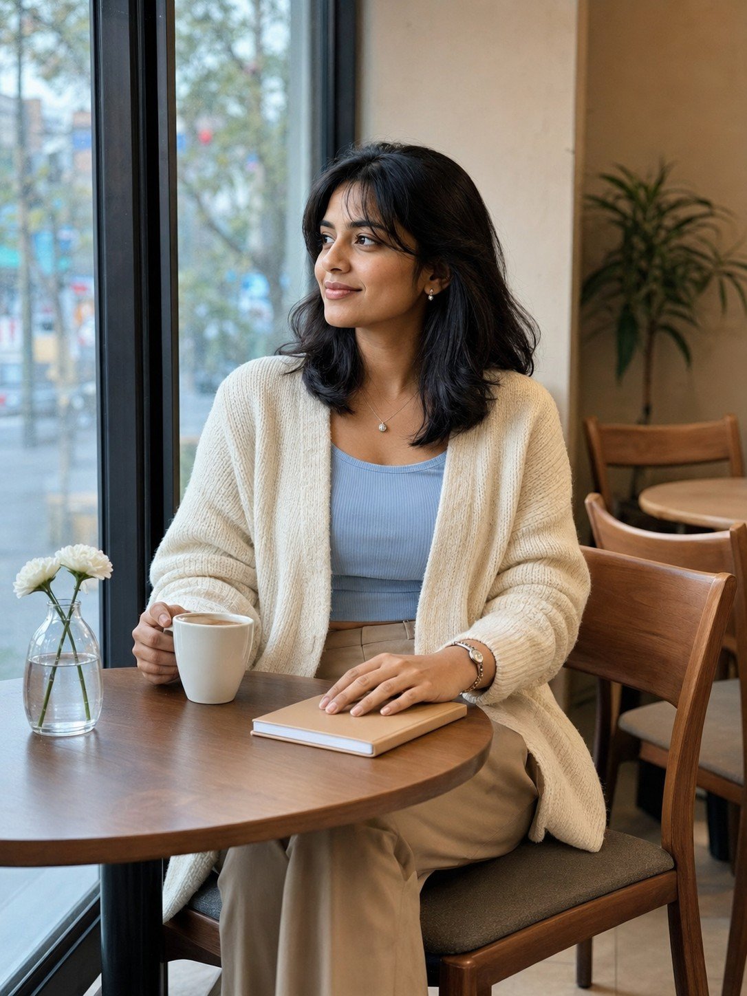 Woman in a cream cardigan sitting beside a café window with a coffee cup