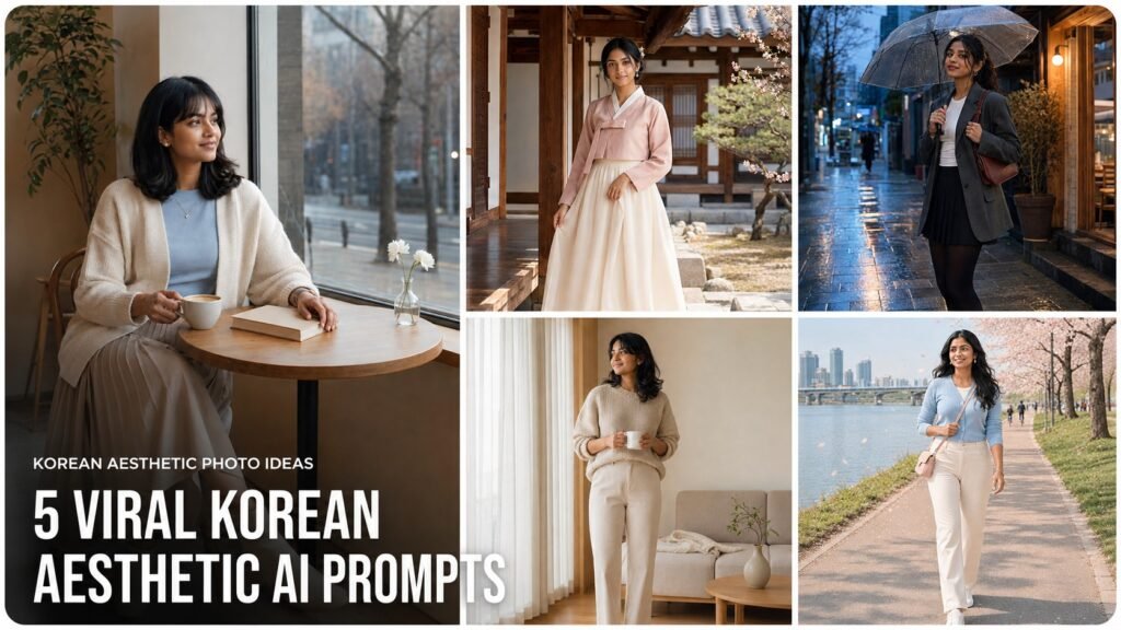 Collage of five Korean aesthetic AI prompts for girls featuring café, hanok, Hongdae, cherry blossom and apartment portraits
