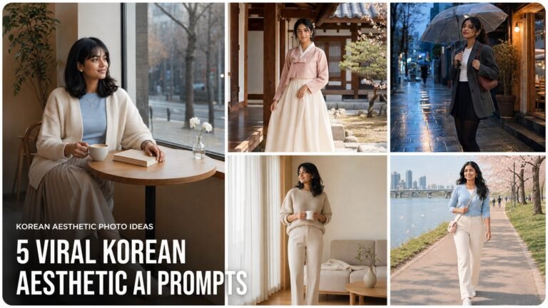 Collage of five Korean aesthetic AI prompts for girls featuring café, hanok, Hongdae, cherry blossom and apartment portraits
