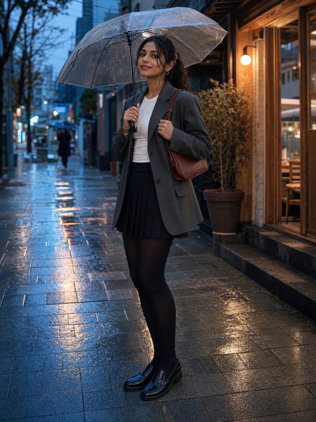 Woman in Korean street fashion holding a transparent umbrella on a rainy Seoul street