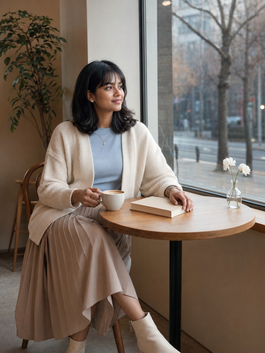Woman in a cream cardigan sitting inside a soft Korean aesthetic café