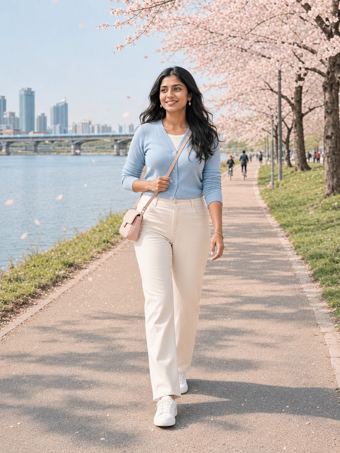 Woman in a pale blue cardigan walking beside the Han River under cherry blossoms
