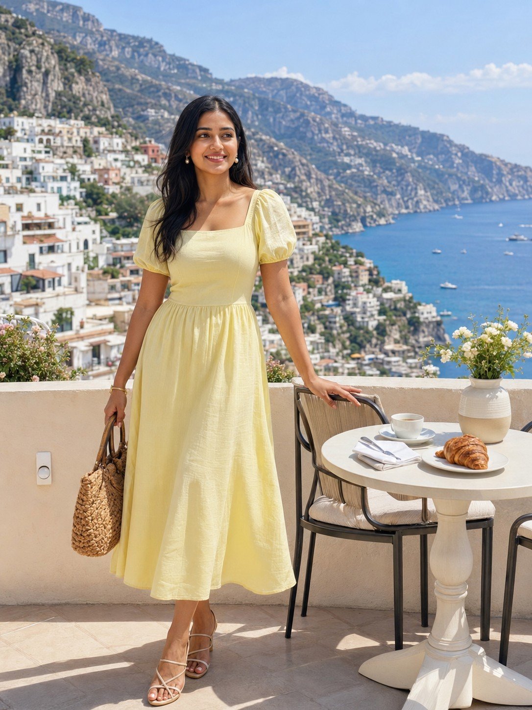 Woman in a pale yellow dress on a luxury Amalfi Coast breakfast terrace