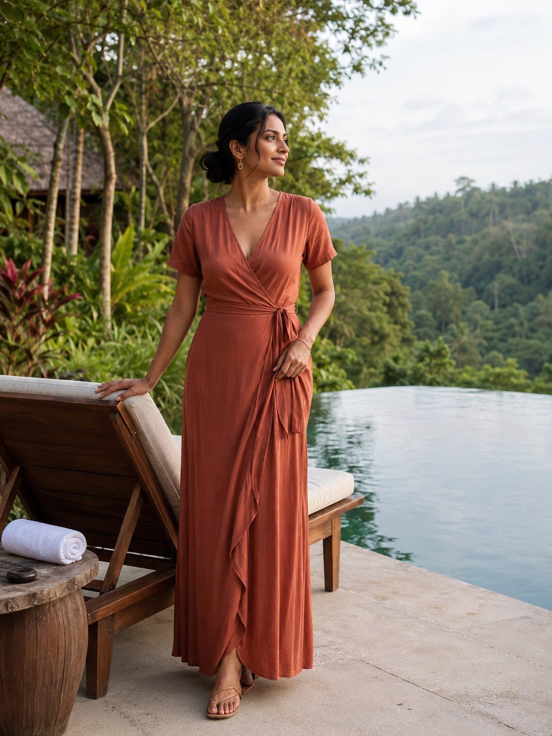 Woman in a terracotta dress beside an infinity pool at a Bali jungle resort