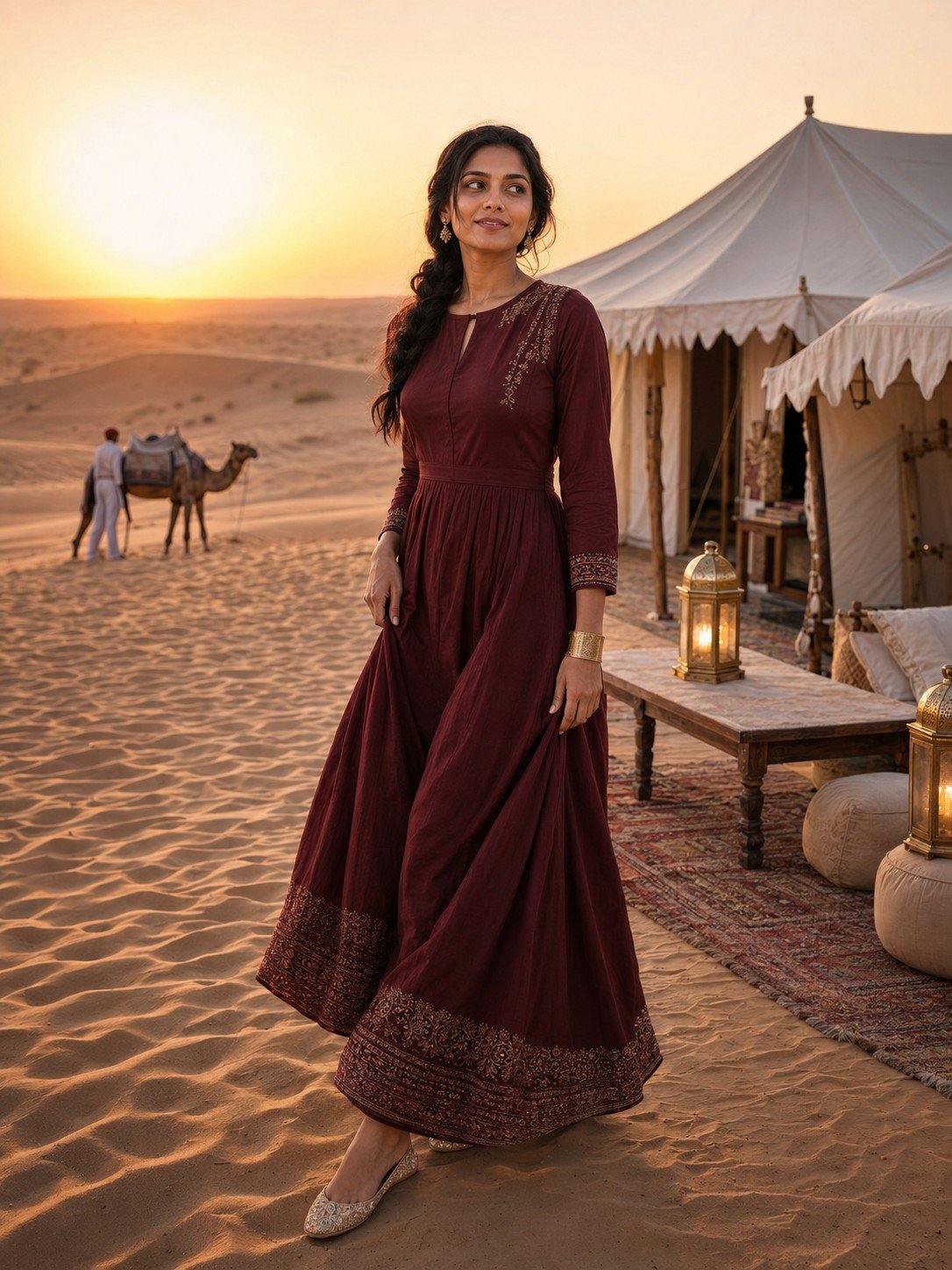 Woman in a maroon dress standing beside a luxury desert camp at sunset