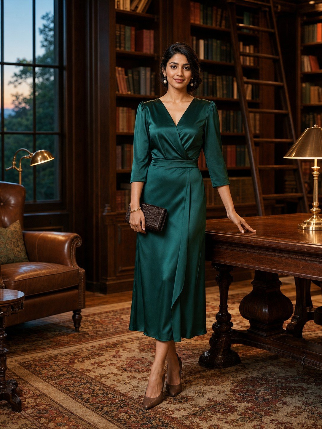 Woman in an emerald satin dress inside a heritage hotel library