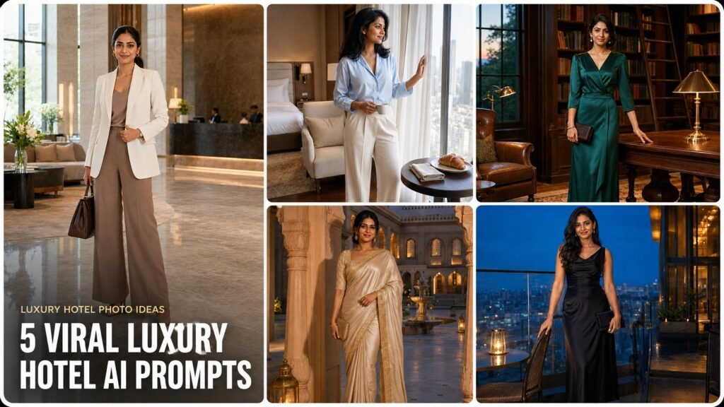Collage of five luxury hotel AI prompts for girls featuring lobby, suite, library, palace and rooftop portraits