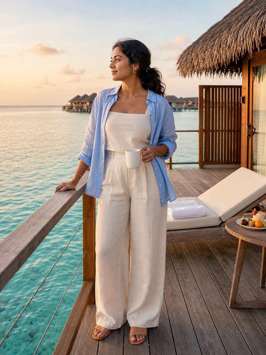 Woman in an ivory linen outfit standing on a Maldives overwater villa deck at sunrise