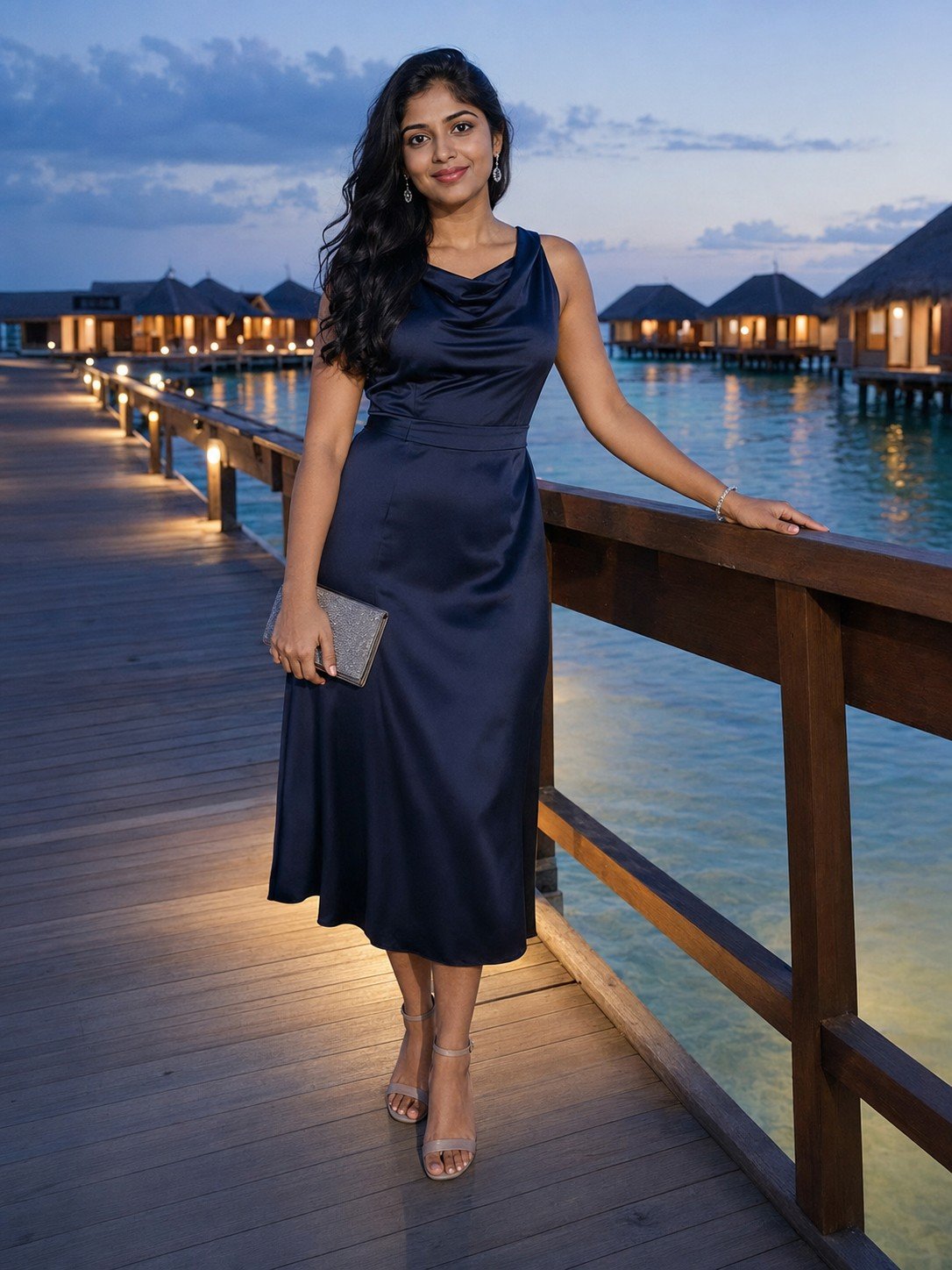 Woman in a navy dress standing on a luxury beach resort boardwalk at blue hour