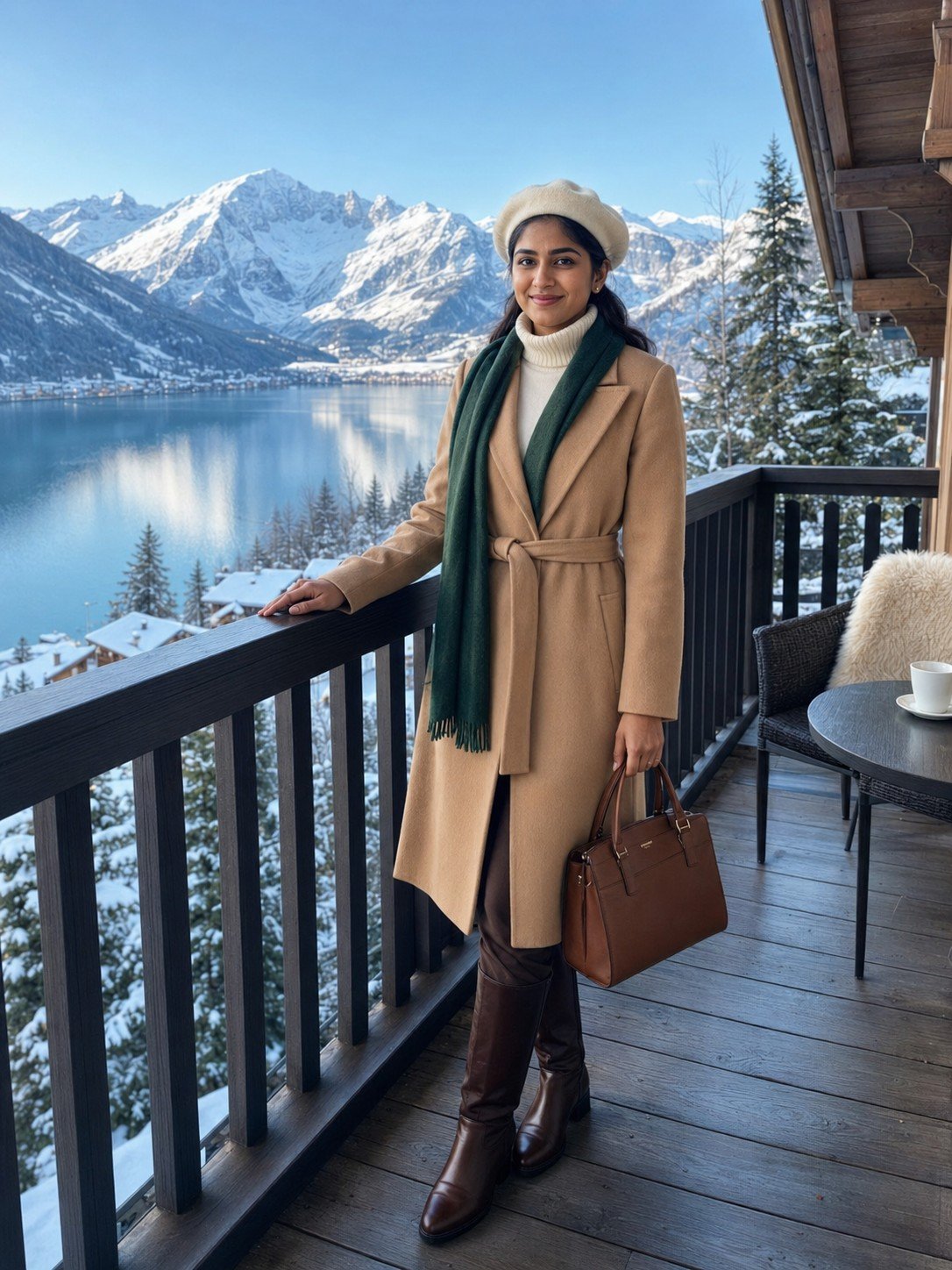 Woman in a camel coat on a luxury Swiss alpine hotel balcony