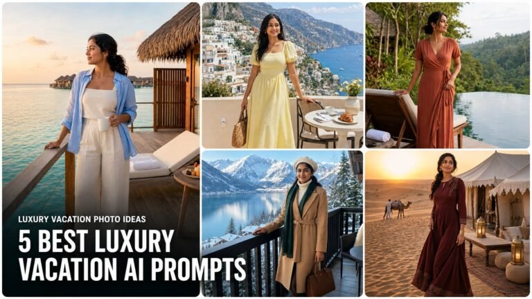 Collage of five luxury vacation AI prompts for girls featuring Maldives, Amalfi, Bali, Switzerland and desert portraits