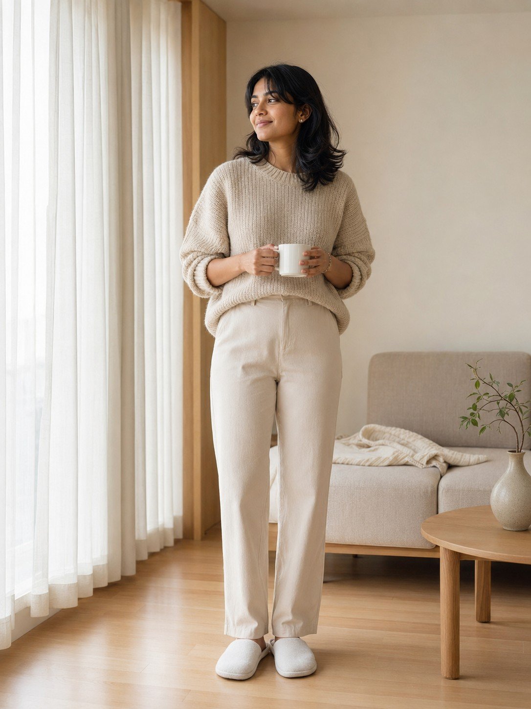 Woman in a soft neutral outfit inside a minimalist Korean-inspired apartment