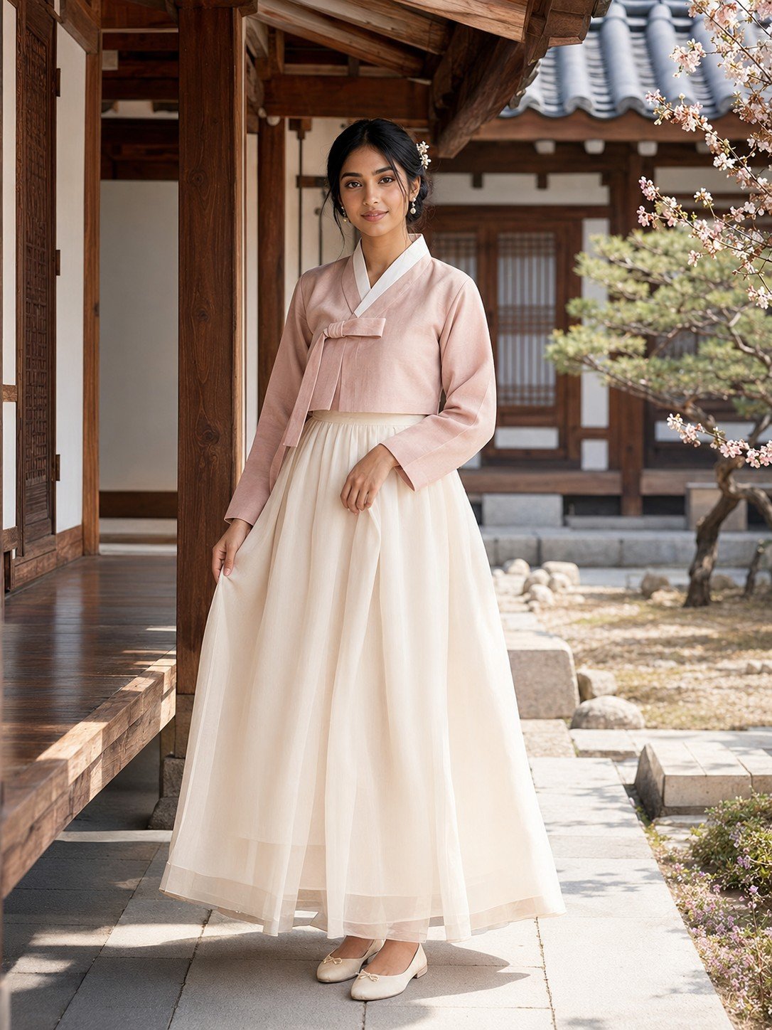 Woman wearing a modern pastel hanbok in a traditional Korean hanok courtyard