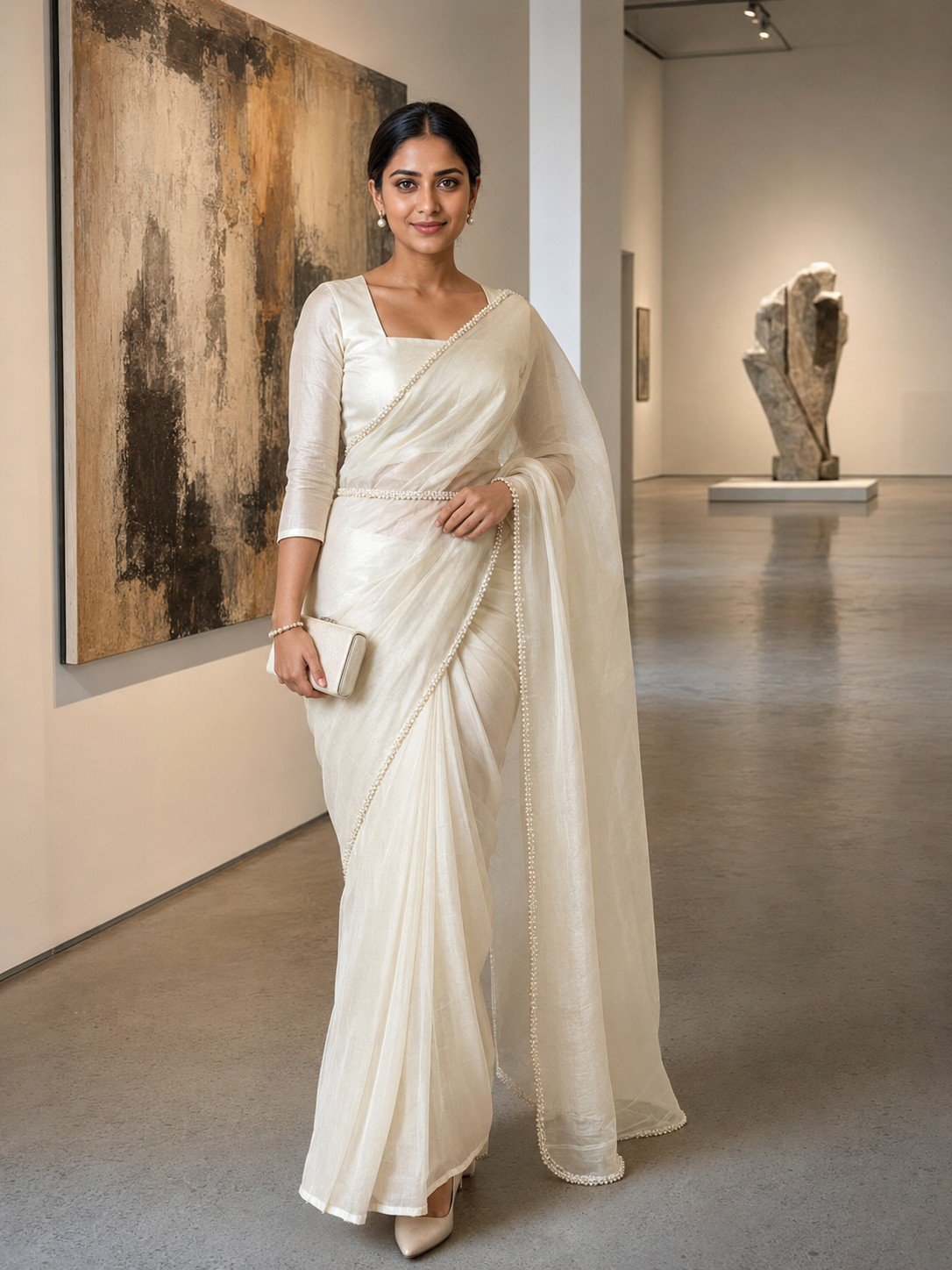 Indian woman in an ivory organza saree inside a contemporary art gallery