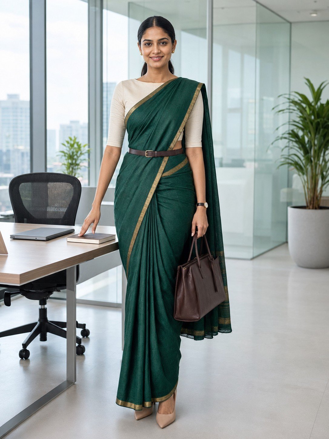 Professional Indian woman in an emerald linen saree inside a modern glass office