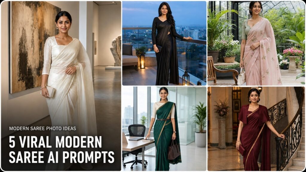 Collage of five modern saree AI prompts for girls featuring gallery, rooftop, office, botanical and hotel portraits