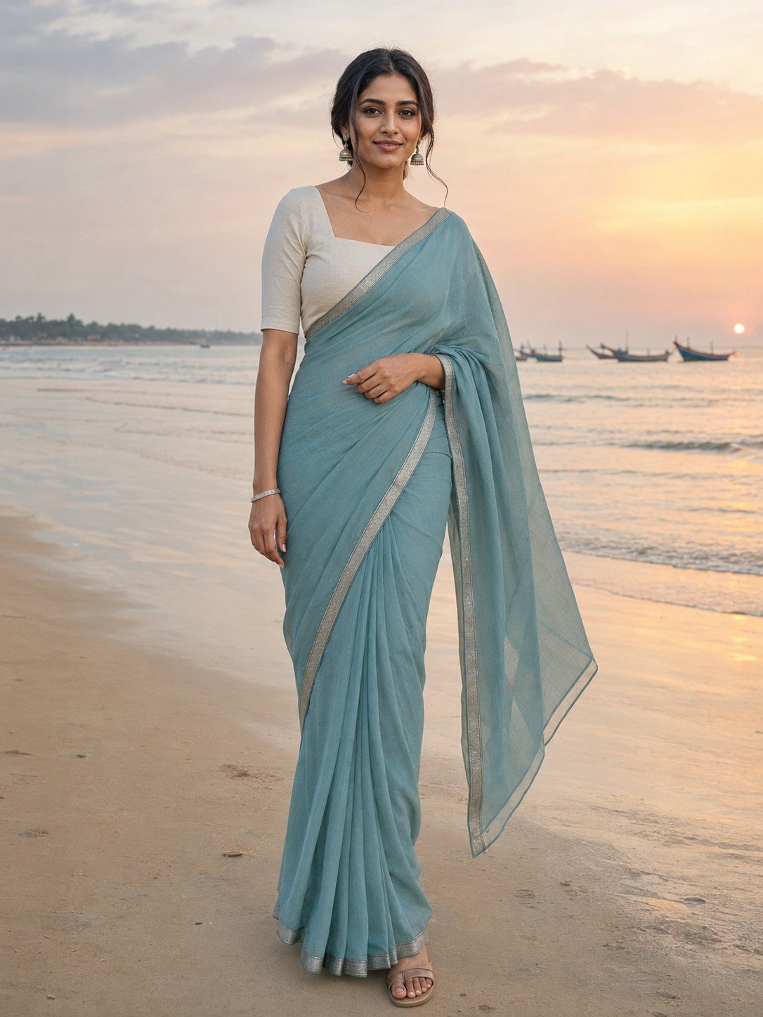 Indian woman in a teal saree standing on a calm beach at sunset