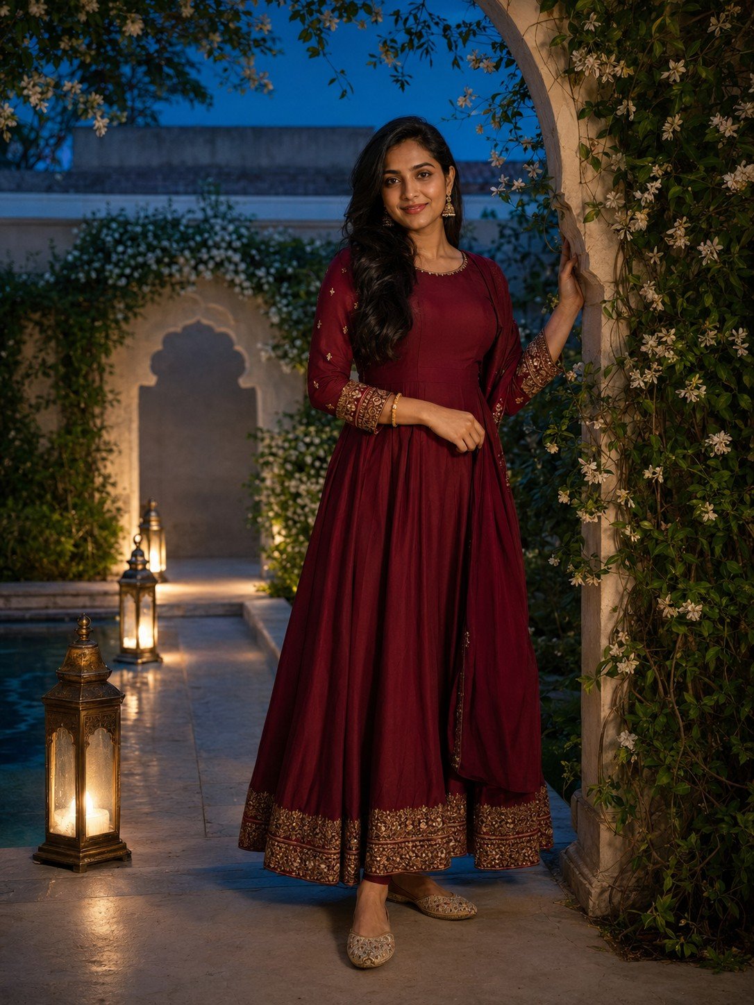 Indian woman in a burgundy Anarkali standing inside a jasmine garden at blue hour