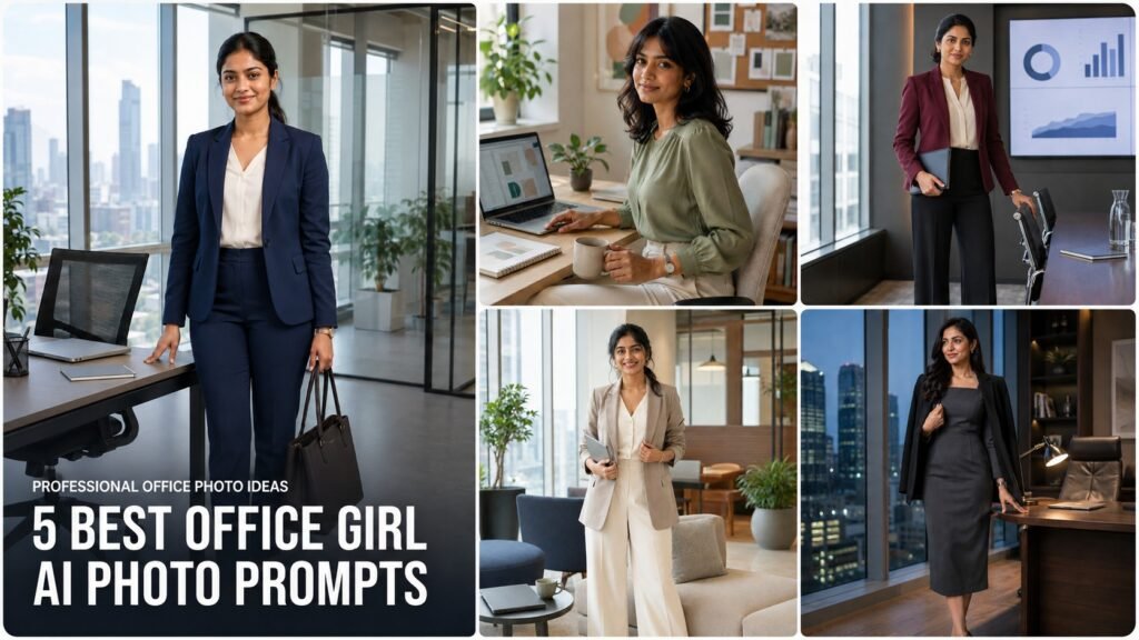 Collage of five office girl AI photo editing prompts featuring corporate, creative, boardroom, co-working and executive portraits