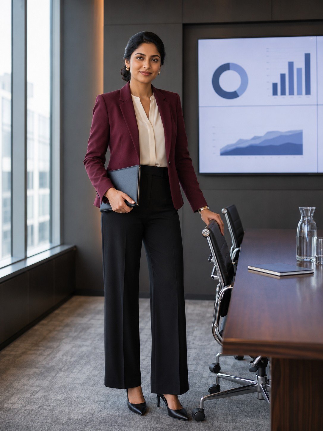 Confident professional woman in a burgundy blazer standing inside a boardroom