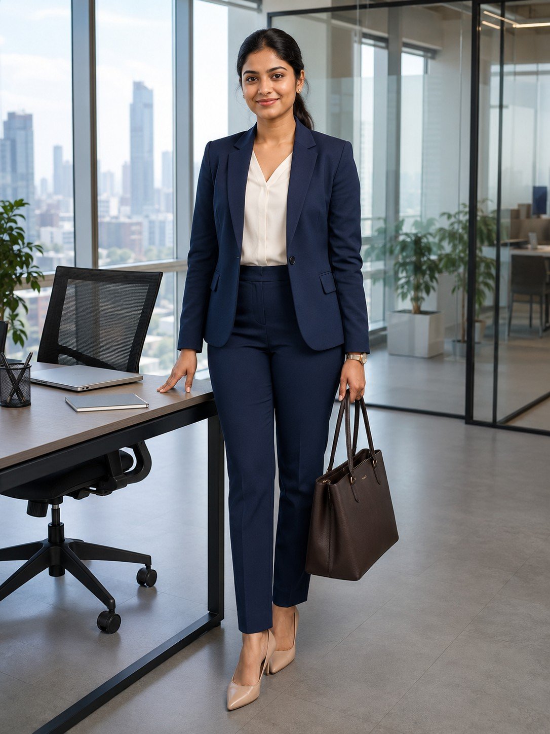 Professional woman in a navy suit standing inside a modern glass office
