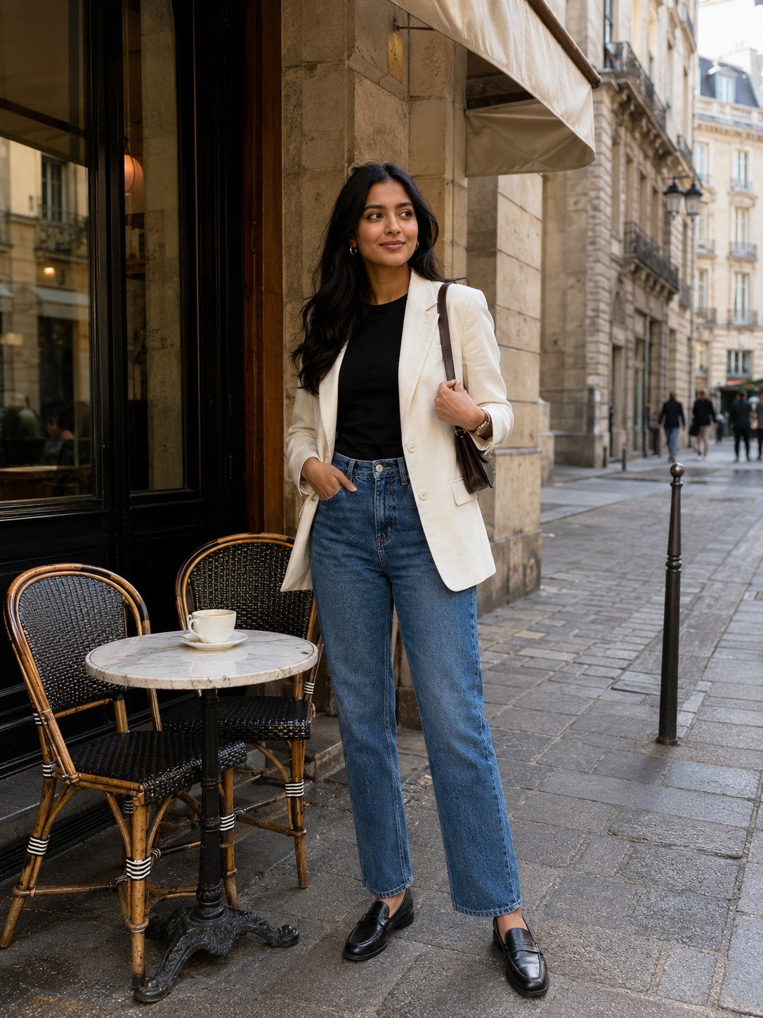 Woman in an ivory blazer standing outside a Paris Left Bank café