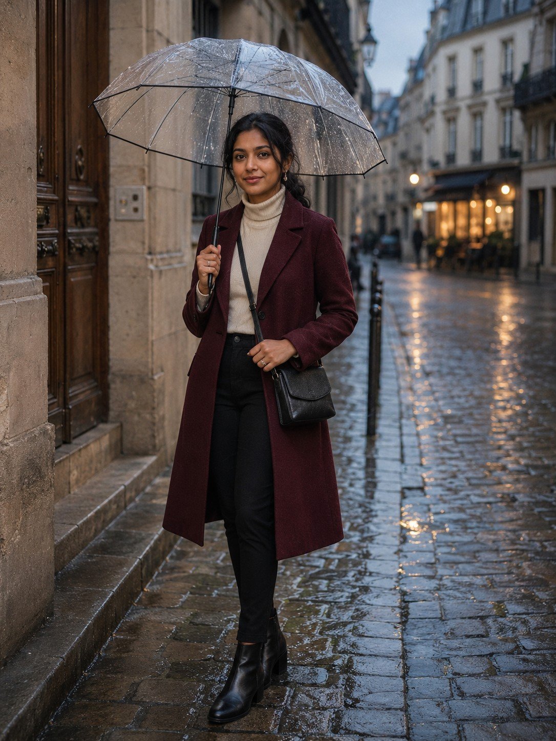 Woman in a burgundy coat holding an umbrella on a rainy Paris street