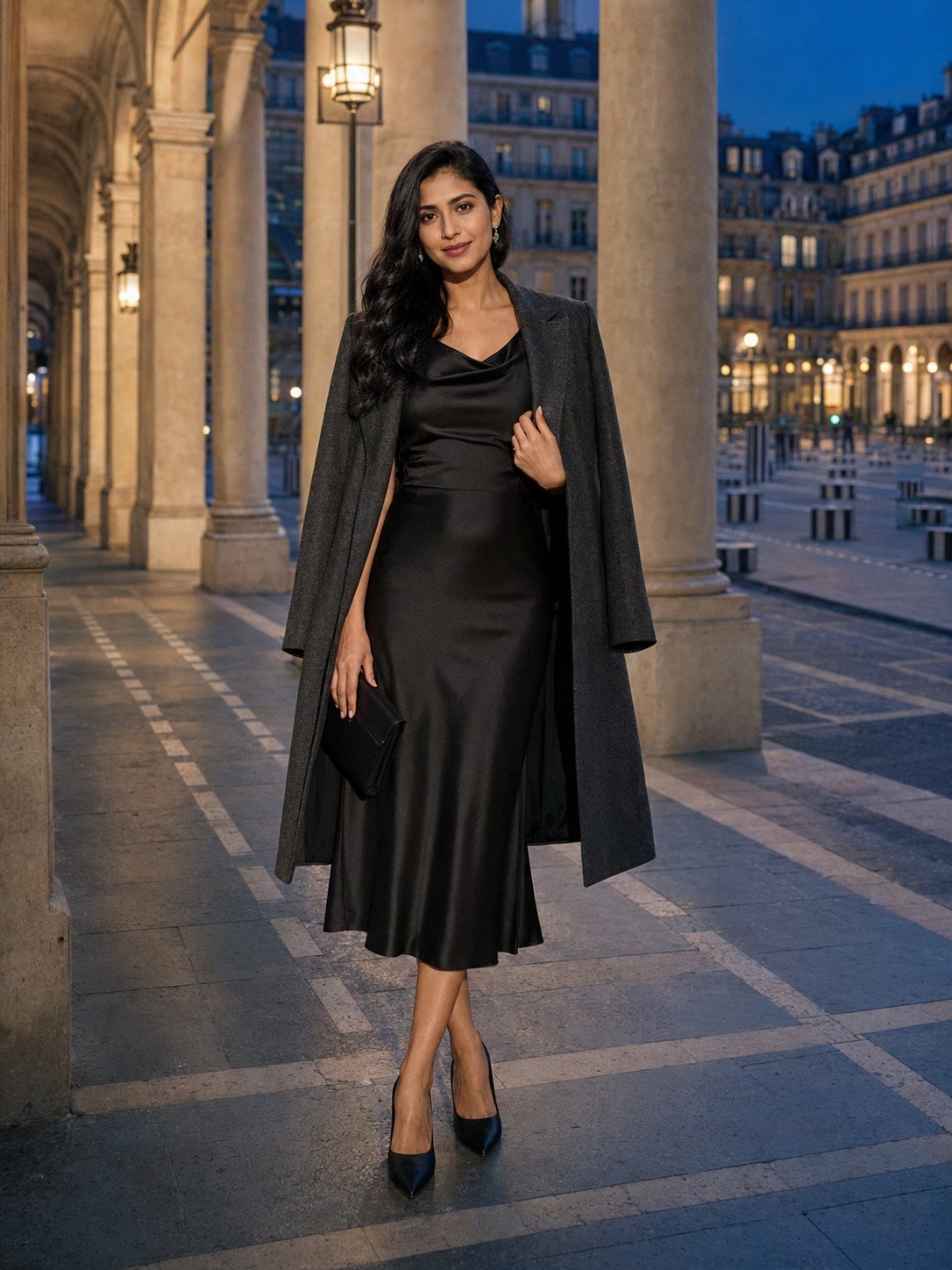 Woman in a black satin dress beneath the Palais Royal arcades in Paris
