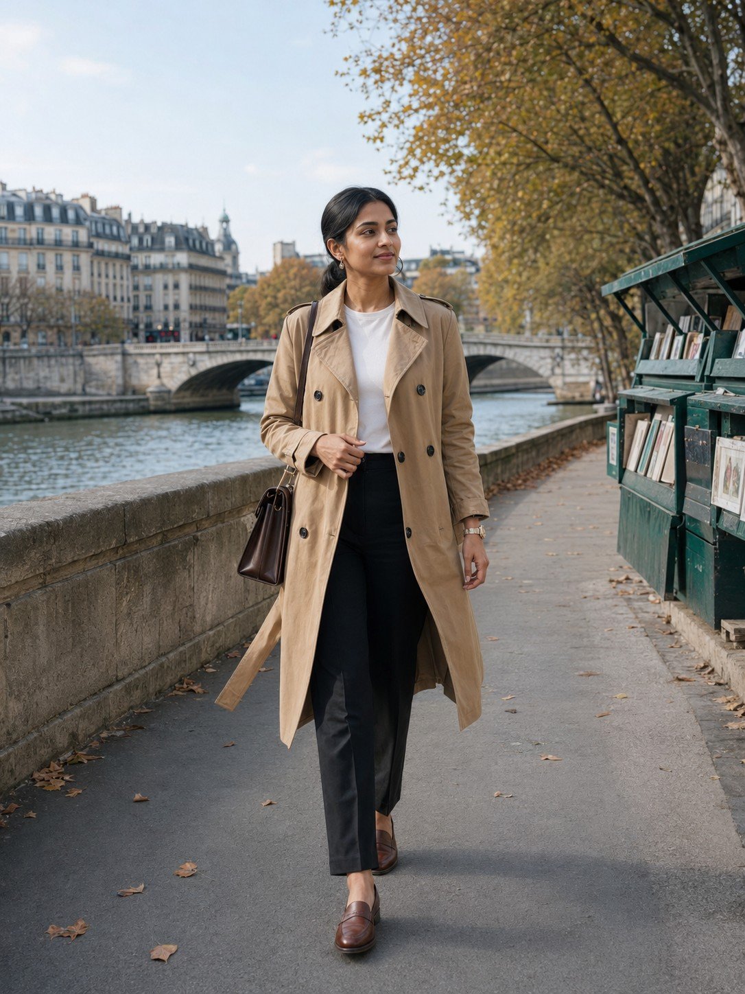 Woman in a camel trench coat walking beside the Seine River in Paris