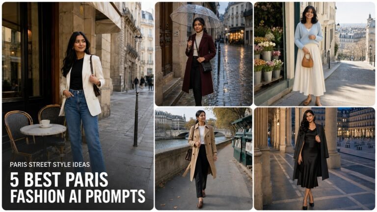 Collage of five Paris street fashion AI prompts for girls featuring café, rainy street, Seine, Montmartre and Palais Royal portraits