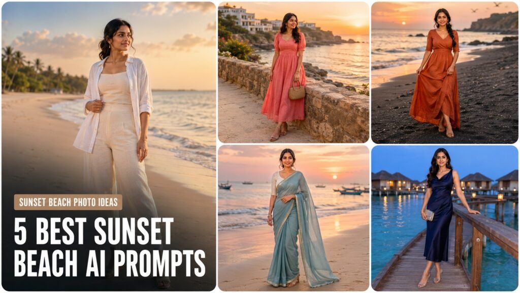 Collage of five sunset beach AI prompts for girls featuring tropical, Mediterranean, black-sand, saree and resort portraits