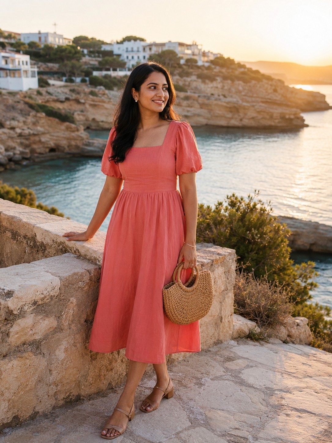 Woman in a coral dress standing beside a Mediterranean cove at sunset