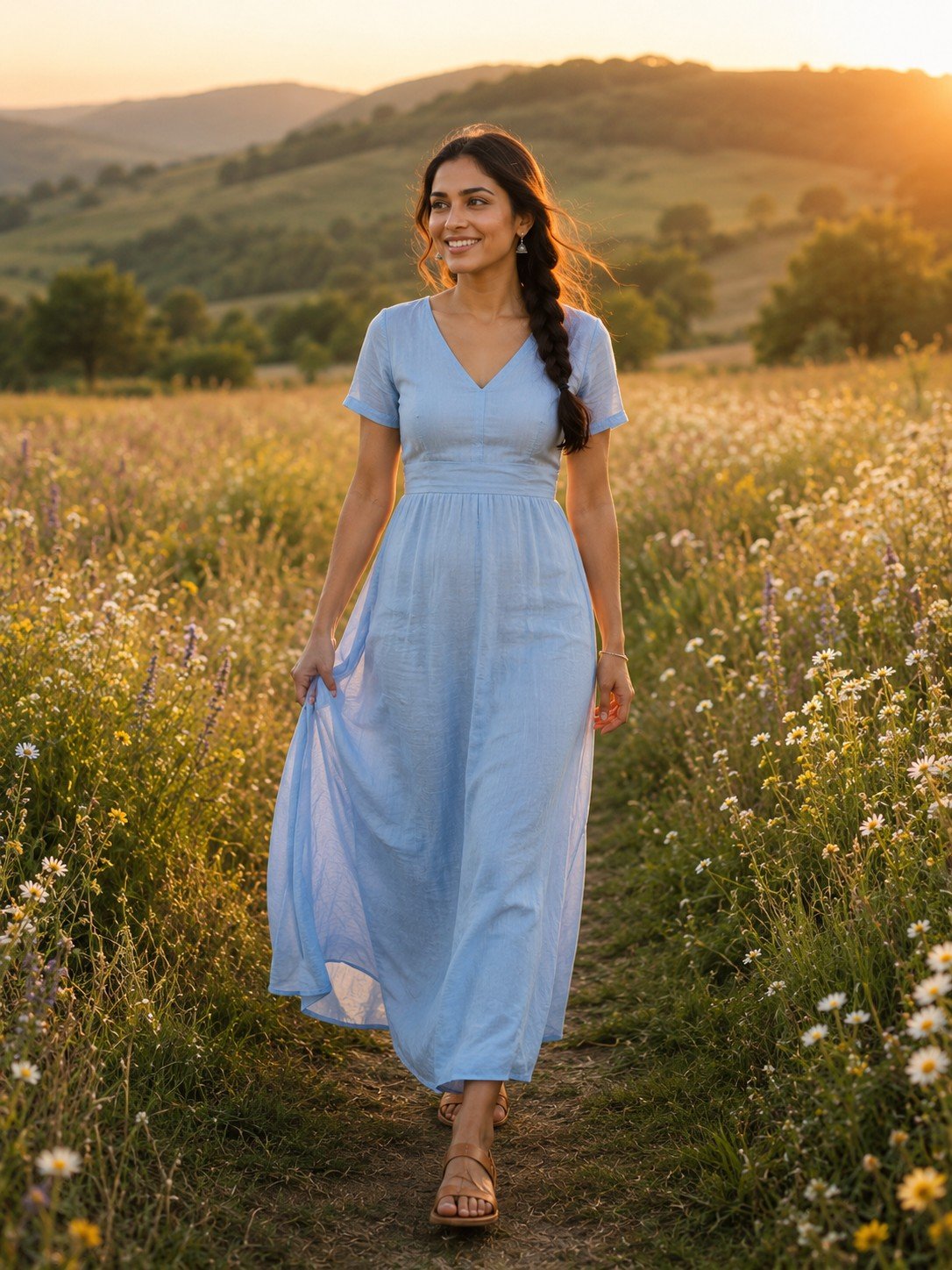 Woman in a powder blue dress walking through a wildflower meadow at golden hour