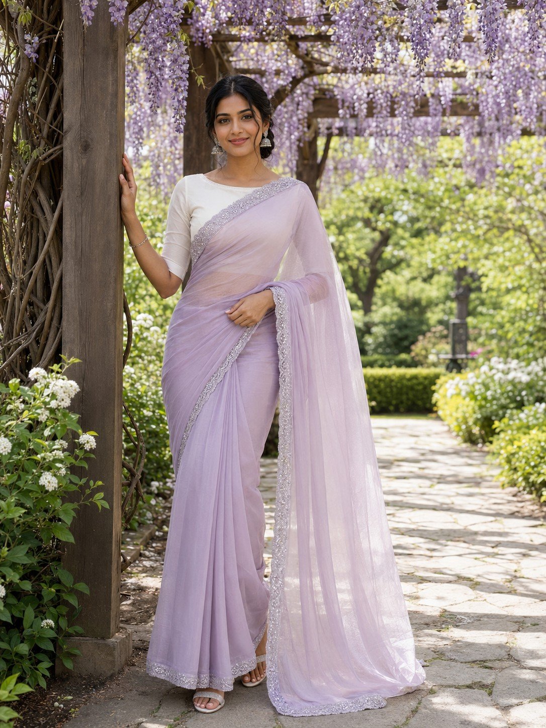 Indian woman in a lilac saree beneath a wisteria-covered garden pergola